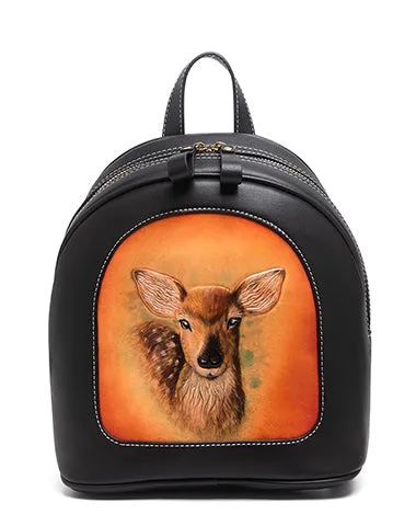 Handmade Ladies Black Leather Small Backpack Deer Tooled Womens Leather Rucksack