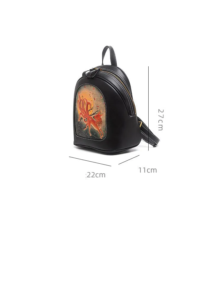 Handmade Ladies Black Leather Small Backpack Deer Tooled Womens Leather Rucksack