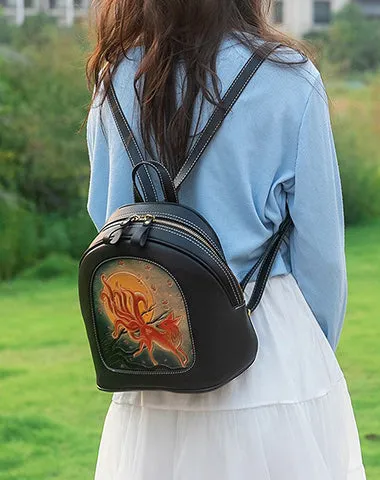 Handmade Ladies Black Leather Small Backpack Deer Tooled Womens Leather Rucksack