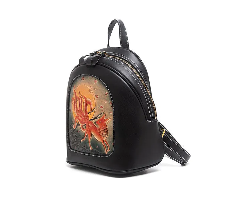 Handmade Ladies Black Leather Small Backpack Deer Tooled Womens Leather Rucksack
