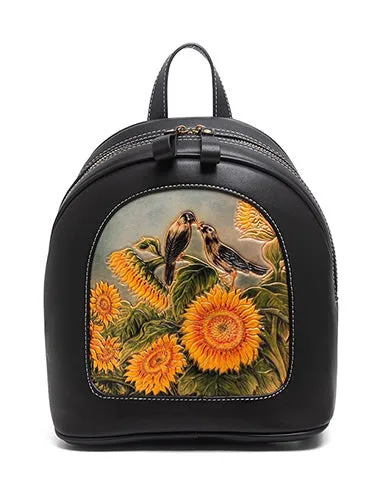Handmade Ladies Black Leather Small Backpack Deer Tooled Womens Leather Rucksack