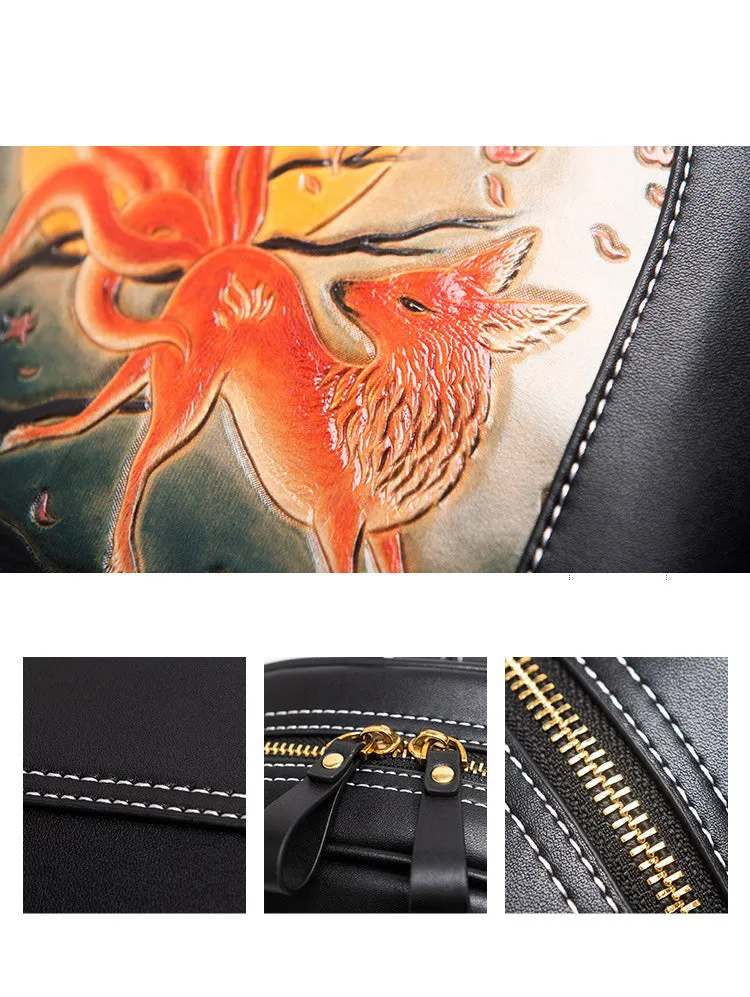 Handmade Ladies Black Leather Small Backpack Deer Tooled Womens Leather Rucksack