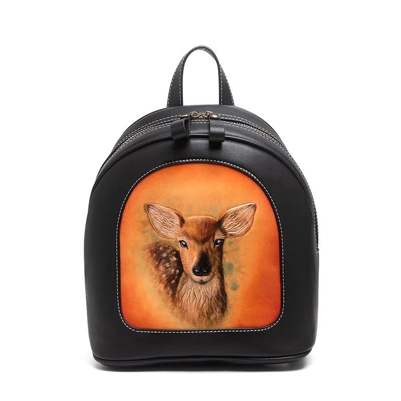 Handmade Ladies Black Leather Small Backpack Deer Tooled Womens Leather Rucksack