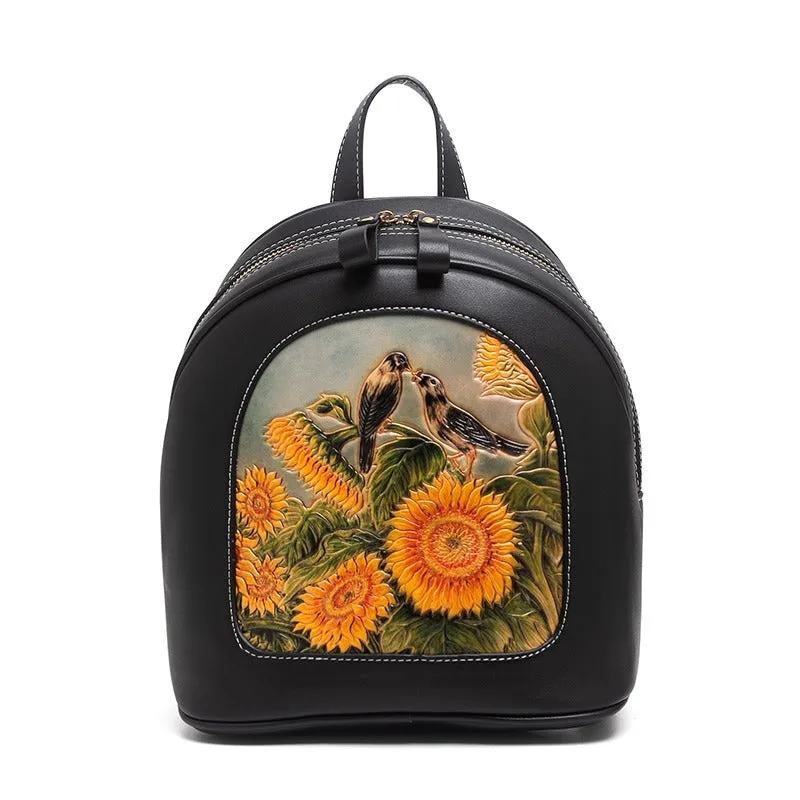 Handmade Ladies Black Leather Small Backpack Deer Tooled Womens Leather Rucksack