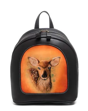 Handmade Ladies Black Leather Small Backpack Deer Tooled Womens Leather Rucksack