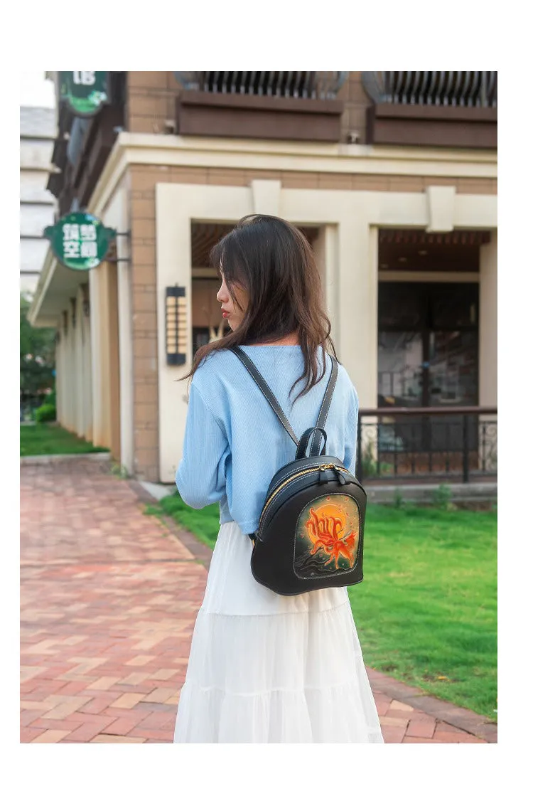 Handmade Ladies Black Leather Small Backpack Fox Tooled Womens Leather Rucksack