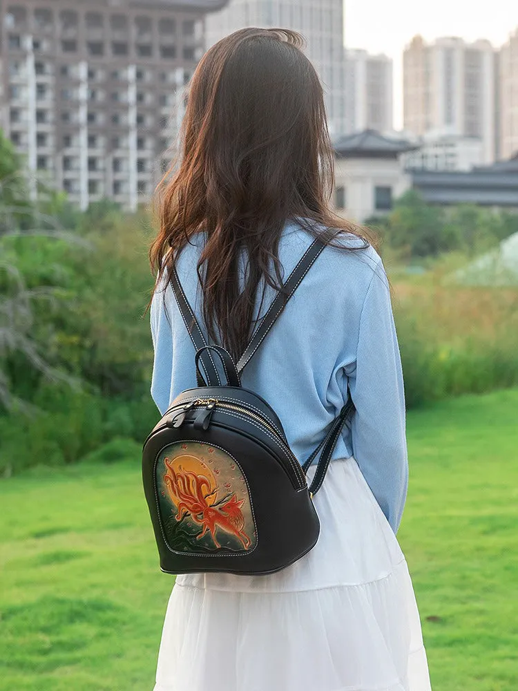 Handmade Ladies Black Leather Small Backpack Fox Tooled Womens Leather Rucksack