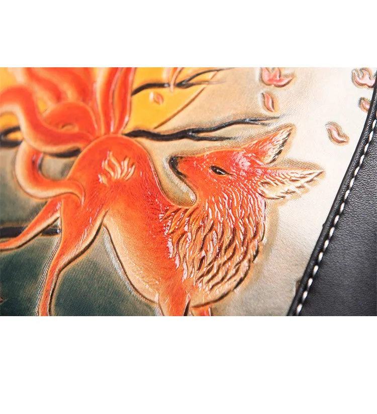 Handmade Ladies Black Leather Small Backpack Fox Tooled Womens Leather Rucksack