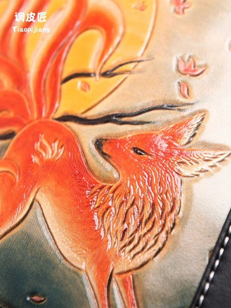 Handmade Ladies Black Leather Small Backpack Fox Tooled Womens Leather Rucksack