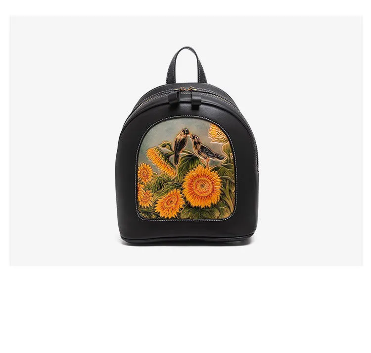 Handmade Ladies Black Leather Small Backpack Fox Tooled Womens Leather Rucksack