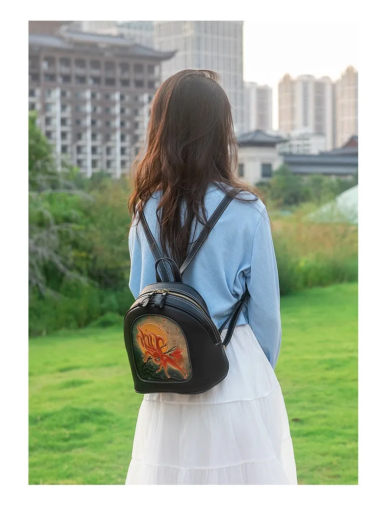 Handmade Ladies Black Leather Small Backpack Fox Tooled Womens Leather Rucksack