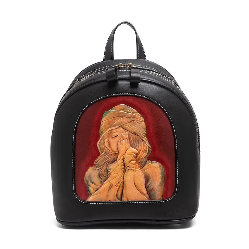 Handmade Ladies Black Leather Small Backpack Fox Tooled Womens Leather Rucksack