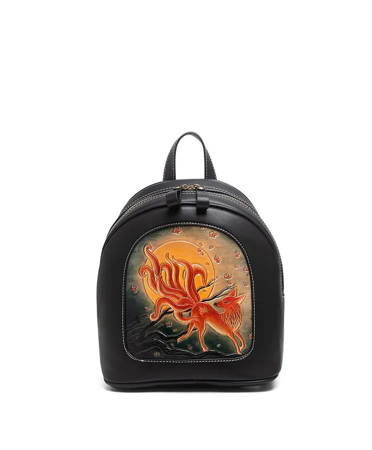 Handmade Ladies Black Leather Small Backpack Fox Tooled Womens Leather Rucksack
