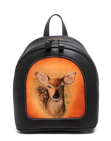 Handmade Ladies Black Leather Small Backpack Fox Tooled Womens Leather Rucksack