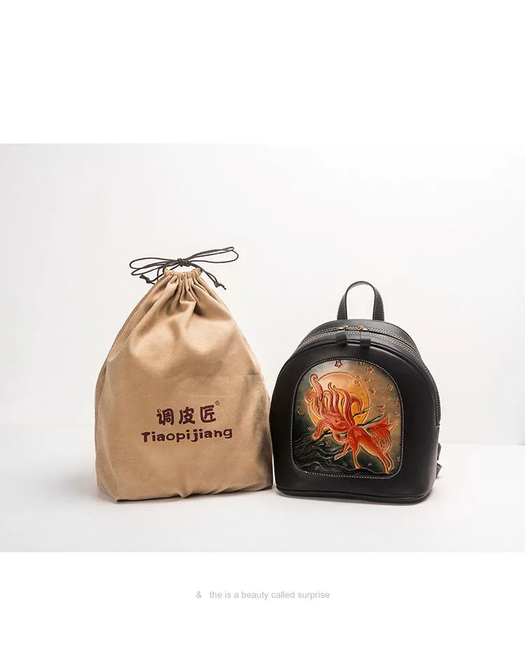 Handmade Ladies Black Leather Small Backpack Fox Tooled Womens Leather Rucksack