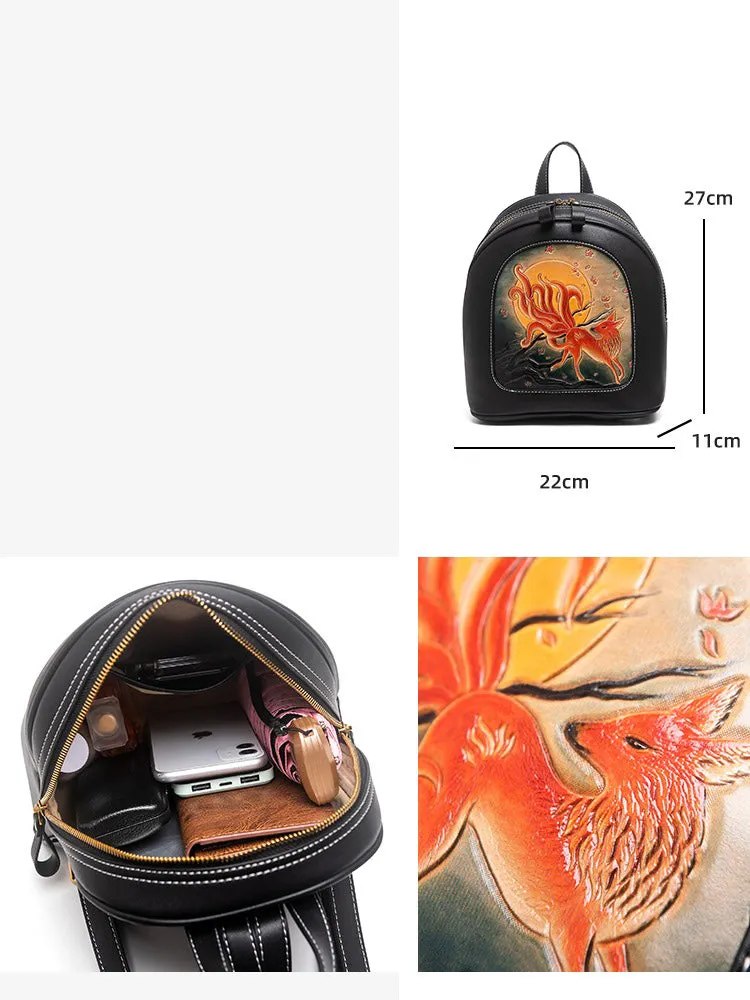 Handmade Ladies Black Leather Small Backpack Fox Tooled Womens Leather Rucksack