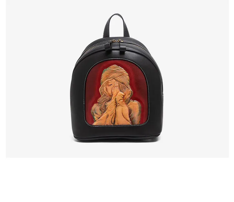 Handmade Ladies Black Leather Small Backpack Fox Tooled Womens Leather Rucksack