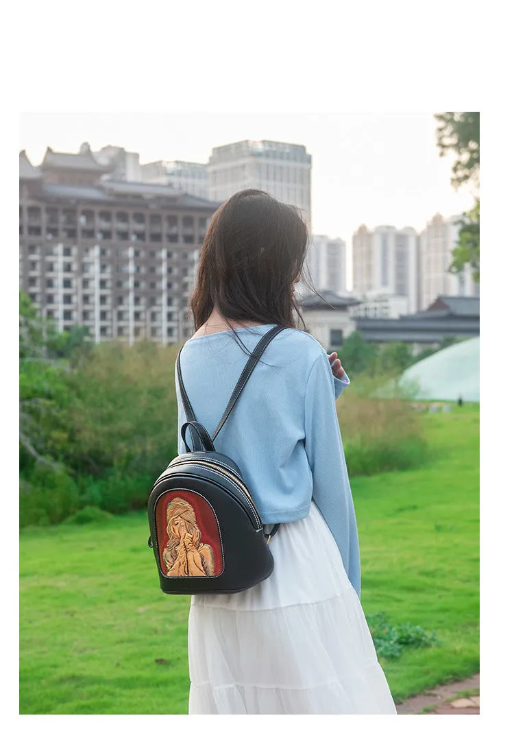 Handmade Ladies Black Leather Small Backpack Fox Tooled Womens Leather Rucksack
