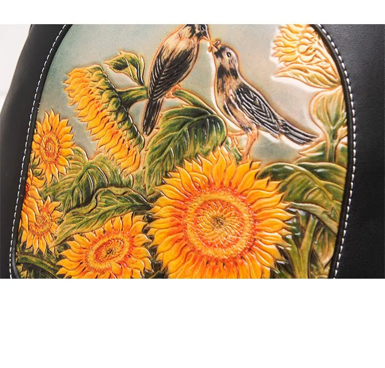 Handmade Ladies Black Leather Small Backpack Pray Girl Tooled Womens Leather Rucksack