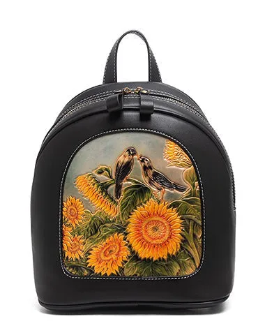 Handmade Ladies Black Leather Small Backpack Pray Girl Tooled Womens Leather Rucksack
