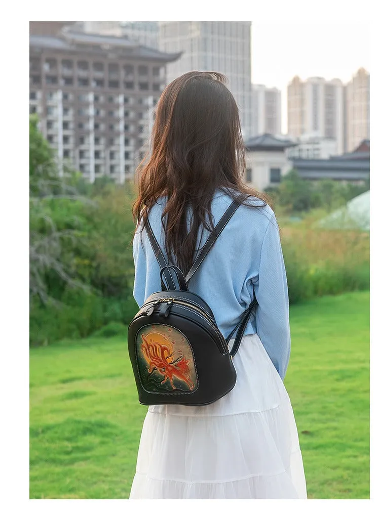 Handmade Ladies Black Leather Small Backpack Pray Girl Tooled Womens Leather Rucksack