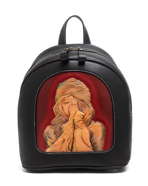 Handmade Ladies Black Leather Small Backpack Pray Girl Tooled Womens Leather Rucksack