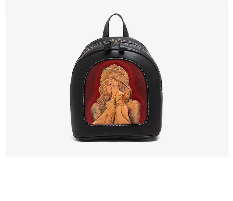 Handmade Ladies Black Leather Small Backpack Pray Girl Tooled Womens Leather Rucksack