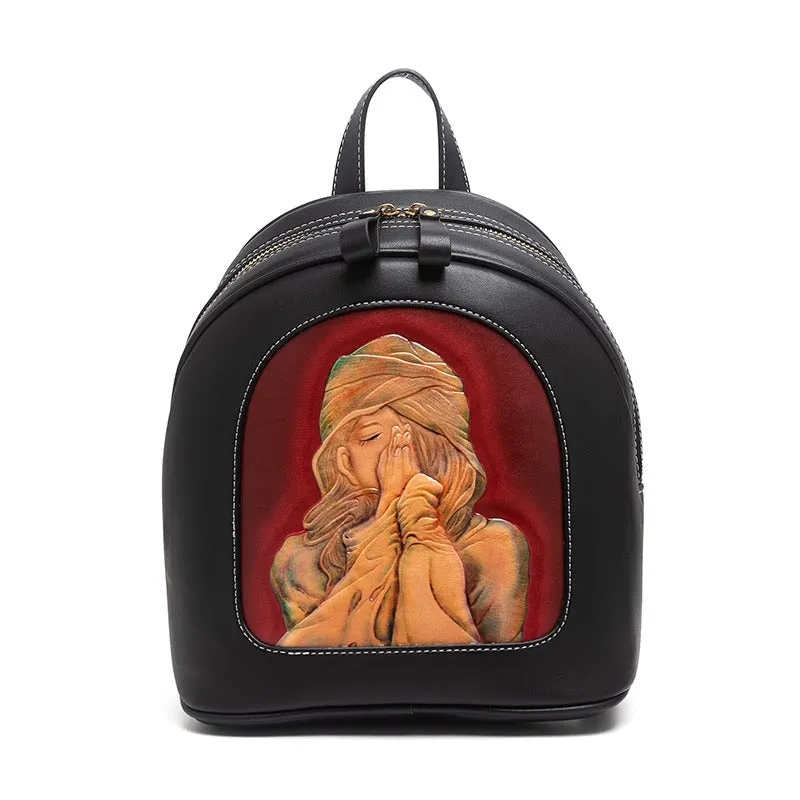 Handmade Ladies Black Leather Small Backpack Pray Girl Tooled Womens Leather Rucksack