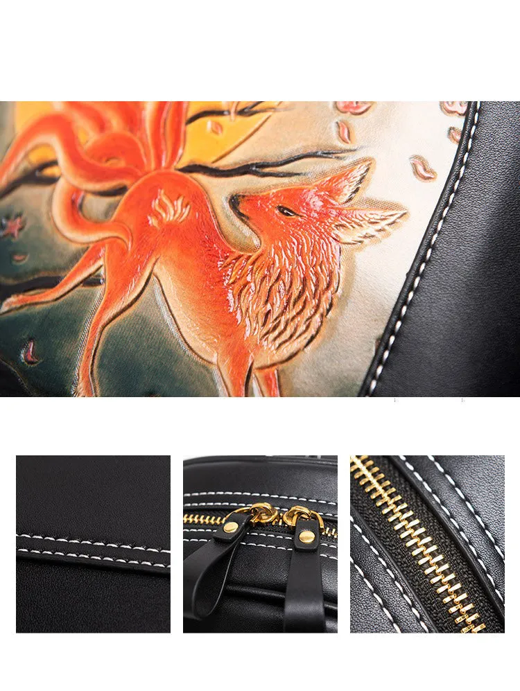 Handmade Ladies Black Leather Small Backpack Pray Girl Tooled Womens Leather Rucksack
