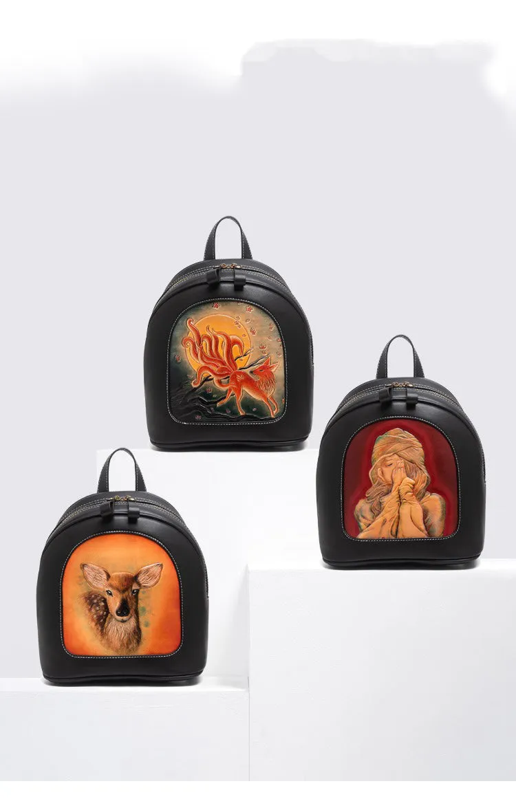 Handmade Ladies Black Leather Small Backpack Pray Girl Tooled Womens Leather Rucksack