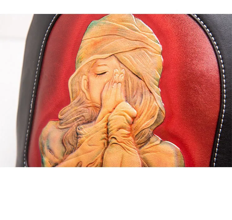 Handmade Ladies Black Leather Small Backpack Pray Girl Tooled Womens Leather Rucksack