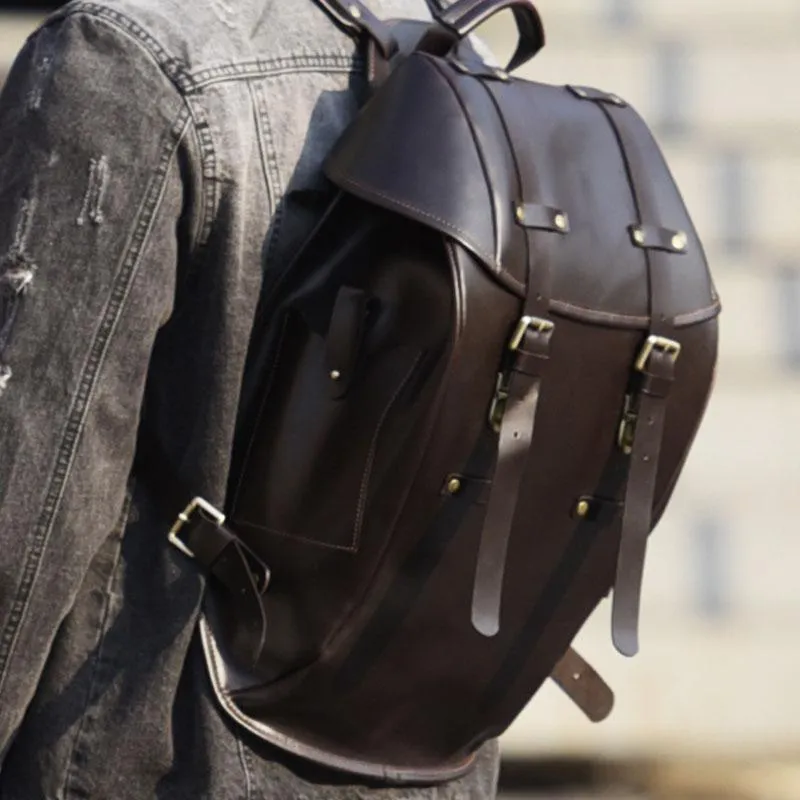 Handmade Leather Mens Cool Backpack Large Black Travel Backpack Hiking Backpack for men