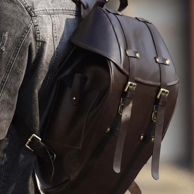 Handmade Leather Mens Cool Backpack Large Black Travel Backpack Hiking Backpack for men