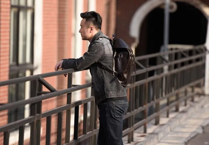 Handmade Leather Mens Cool Backpack Large Black Travel Backpack Hiking Backpack for men