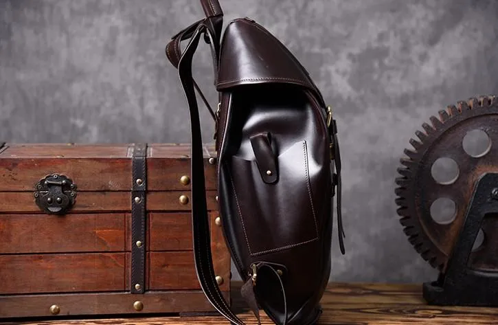 Handmade Leather Mens Cool Backpack Large Black Travel Backpack Hiking Backpack for men