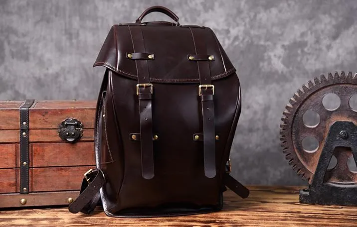 Handmade Leather Mens Cool Backpack Large Black Travel Backpack Hiking Backpack for men