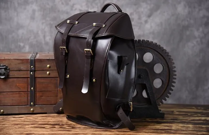 Handmade Leather Mens Cool Backpack Large Black Travel Backpack Hiking Backpack for men