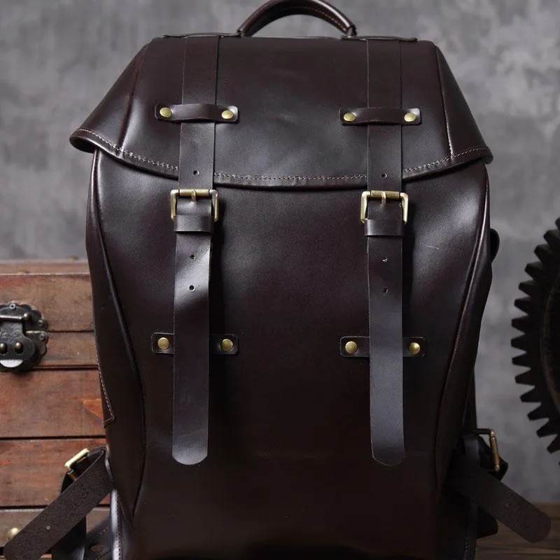 Handmade Leather Mens Cool Backpack Large Black Travel Backpack Hiking Backpack for men