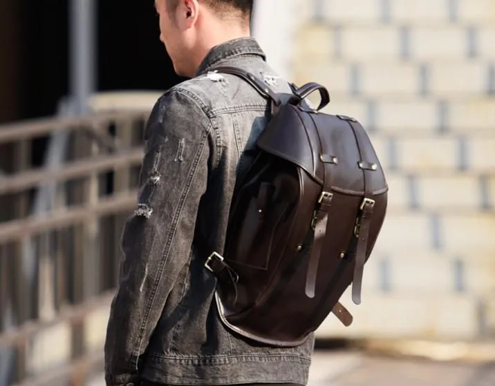 Handmade Leather Mens Cool Backpack Large Black Travel Backpack Hiking Backpack for men