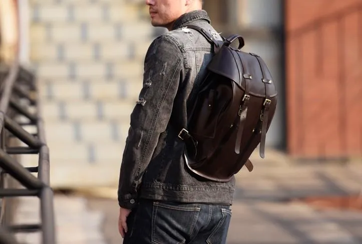 Handmade Leather Mens Cool Backpack Large Black Travel Backpack Hiking Backpack for men