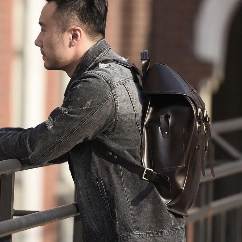 Handmade Leather Mens Cool Backpack Large Black Travel Backpack Hiking Backpack for men