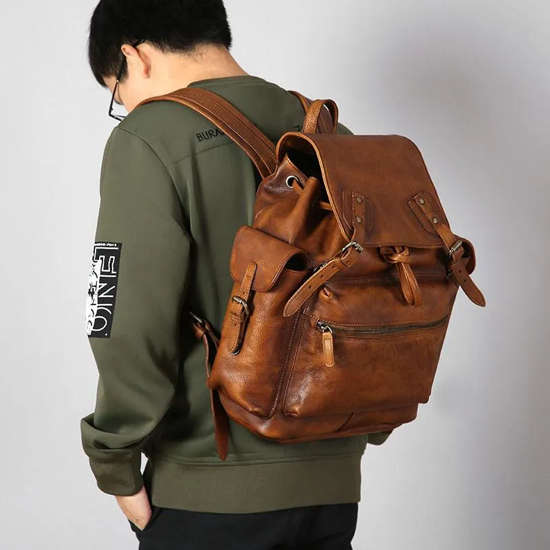 Handmade Leather Mens Cool Backpack Large Travel Backpack Hiking Backpack for Men