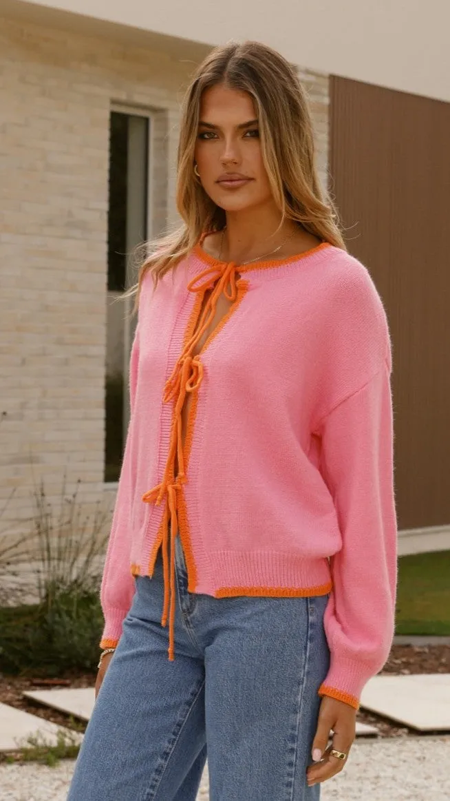 Hazina Tie Long Sleeve Knit Top - Pink / Orange