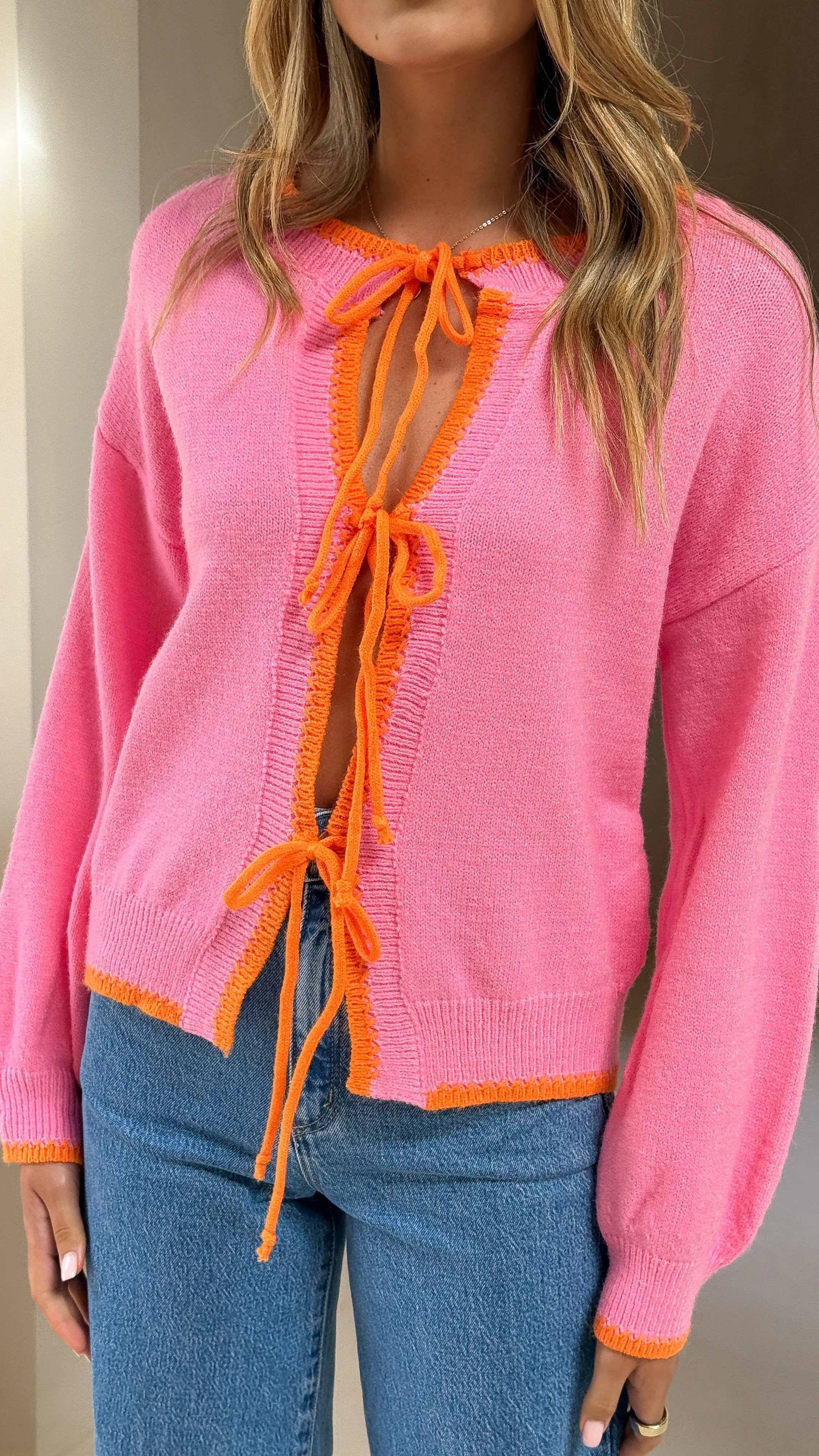 Hazina Tie Long Sleeve Knit Top - Pink / Orange