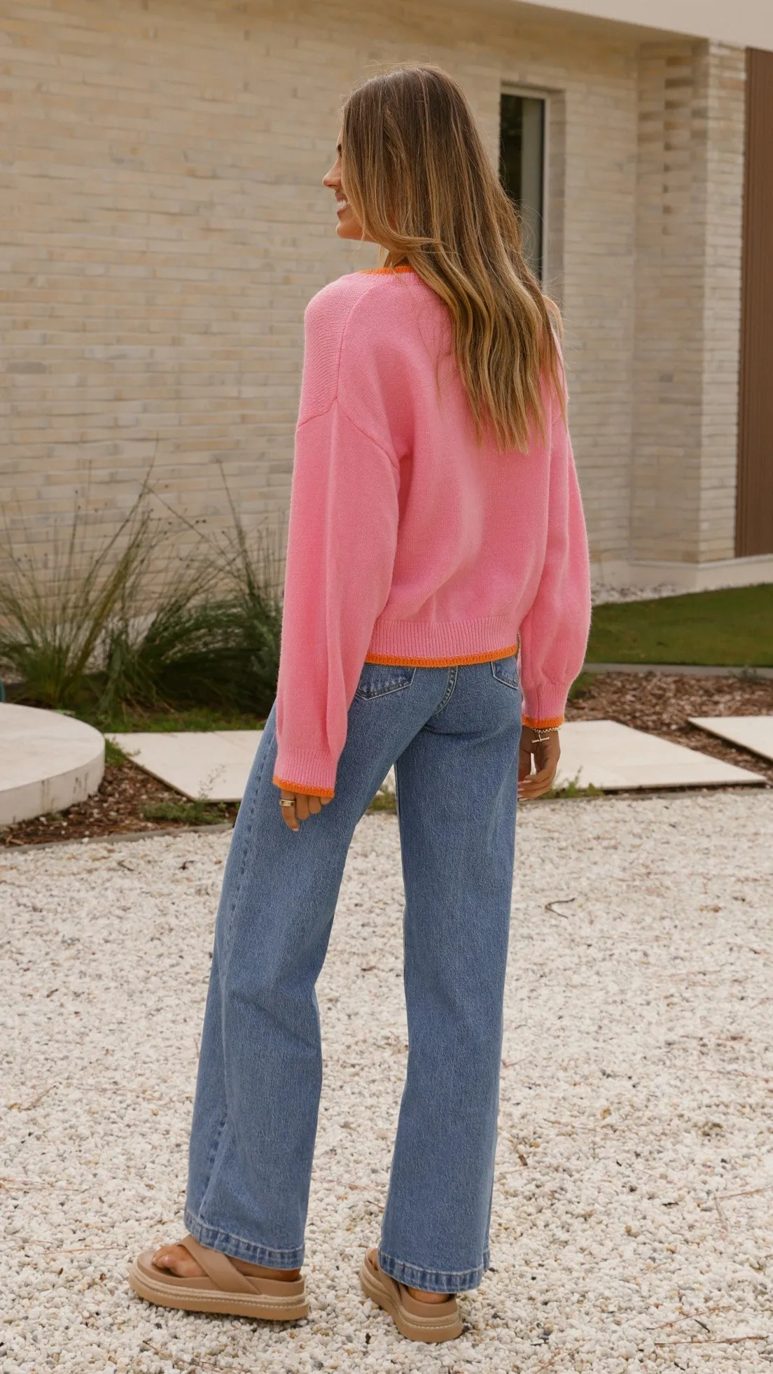 Hazina Tie Long Sleeve Knit Top - Pink / Orange