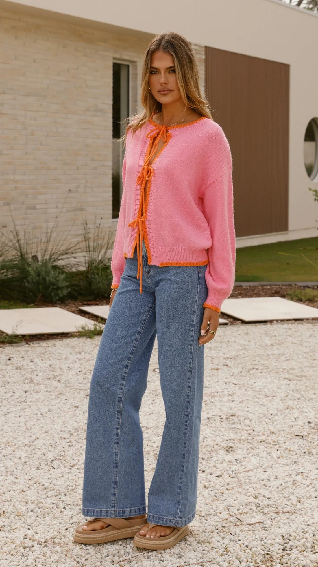 Hazina Tie Long Sleeve Knit Top - Pink / Orange