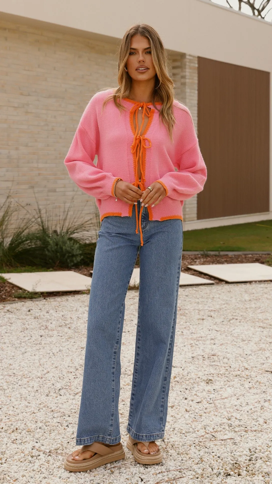 Hazina Tie Long Sleeve Knit Top - Pink / Orange