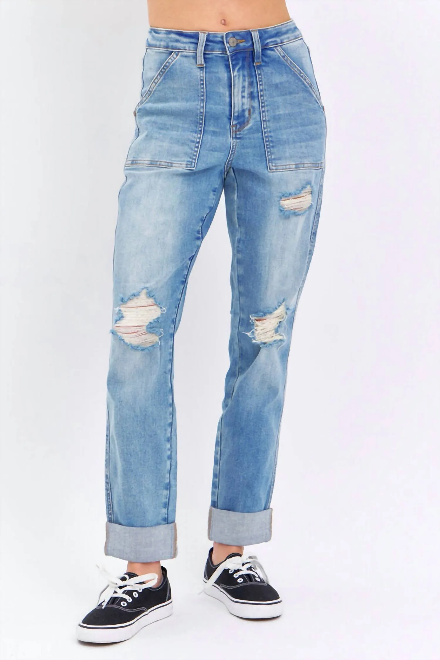High Rise Patch Pocket Distressed Boyfriend Jeans In Medium  Wash