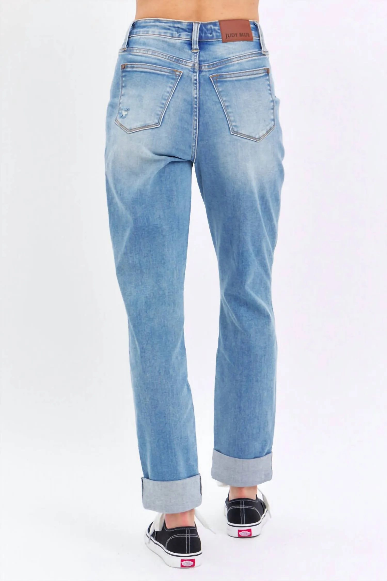 High Rise Patch Pocket Distressed Boyfriend Jeans In Medium  Wash