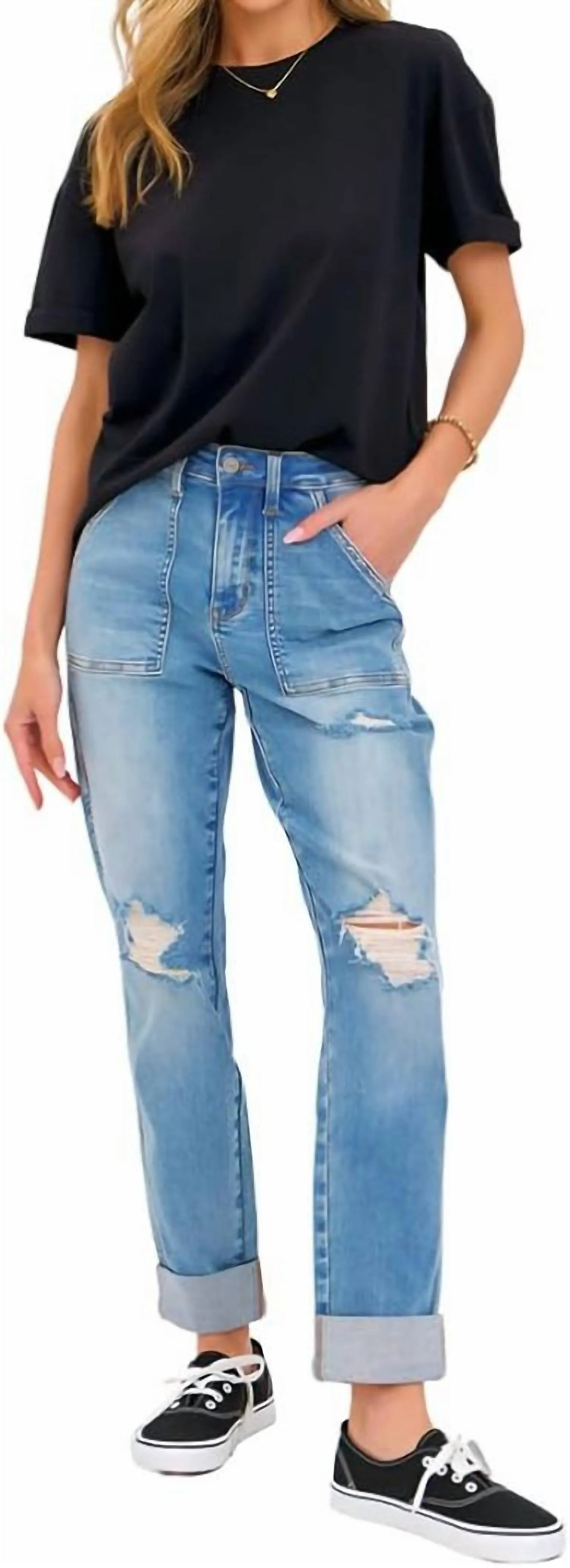 High Rise Patch Pocket Distressed Boyfriend Jeans In Medium  Wash